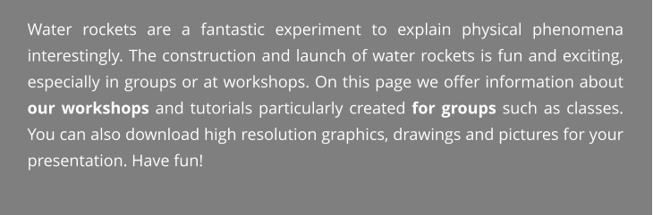 Water rockets are a fantastic experiment to explain physical phenomena interestingly. The construction and launch of water rockets is fun and exciting, especially in groups or at workshops. On this page we offer information about our workshops and tutorials particularly created for groups such as classes. You can also download high resolution graphics, drawings and pictures for your presentation. Have fun!